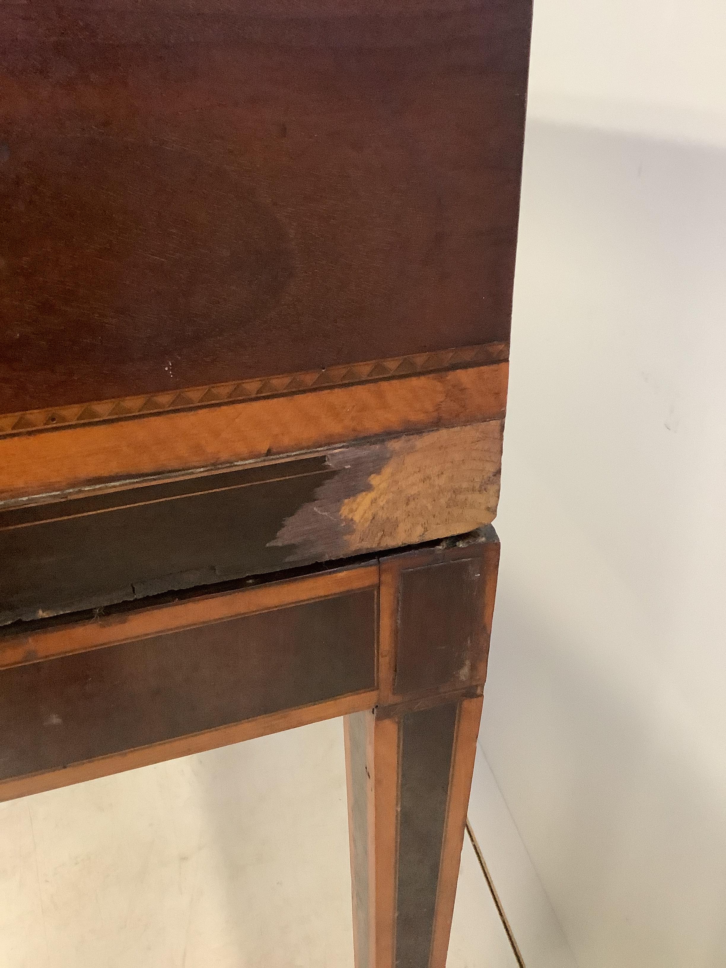 A 19th century satinwood banded mahogany secretaire writing table converted from a square piano, width 160cm, depth 58cm, height 87cm